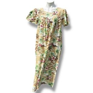 NWT Vintage Daffodil House Dress Medium Palm Tree Floral Cotton Lounge Muumuu